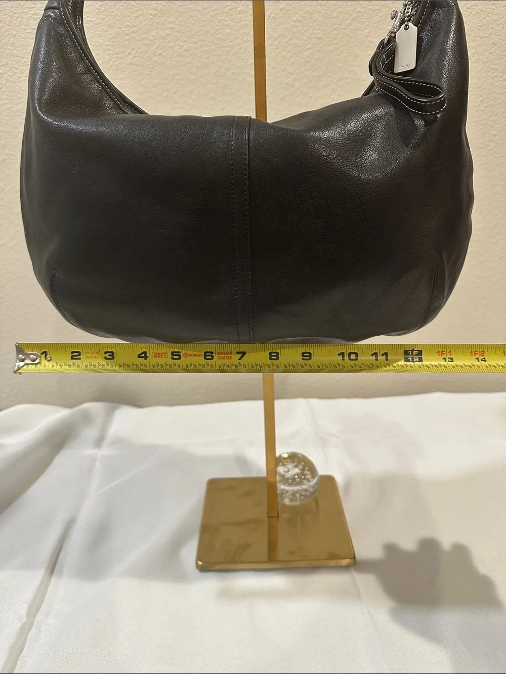 Vintage COACH Black Leather Hobo Shoulder Bag with Branded Charm and Silver HW